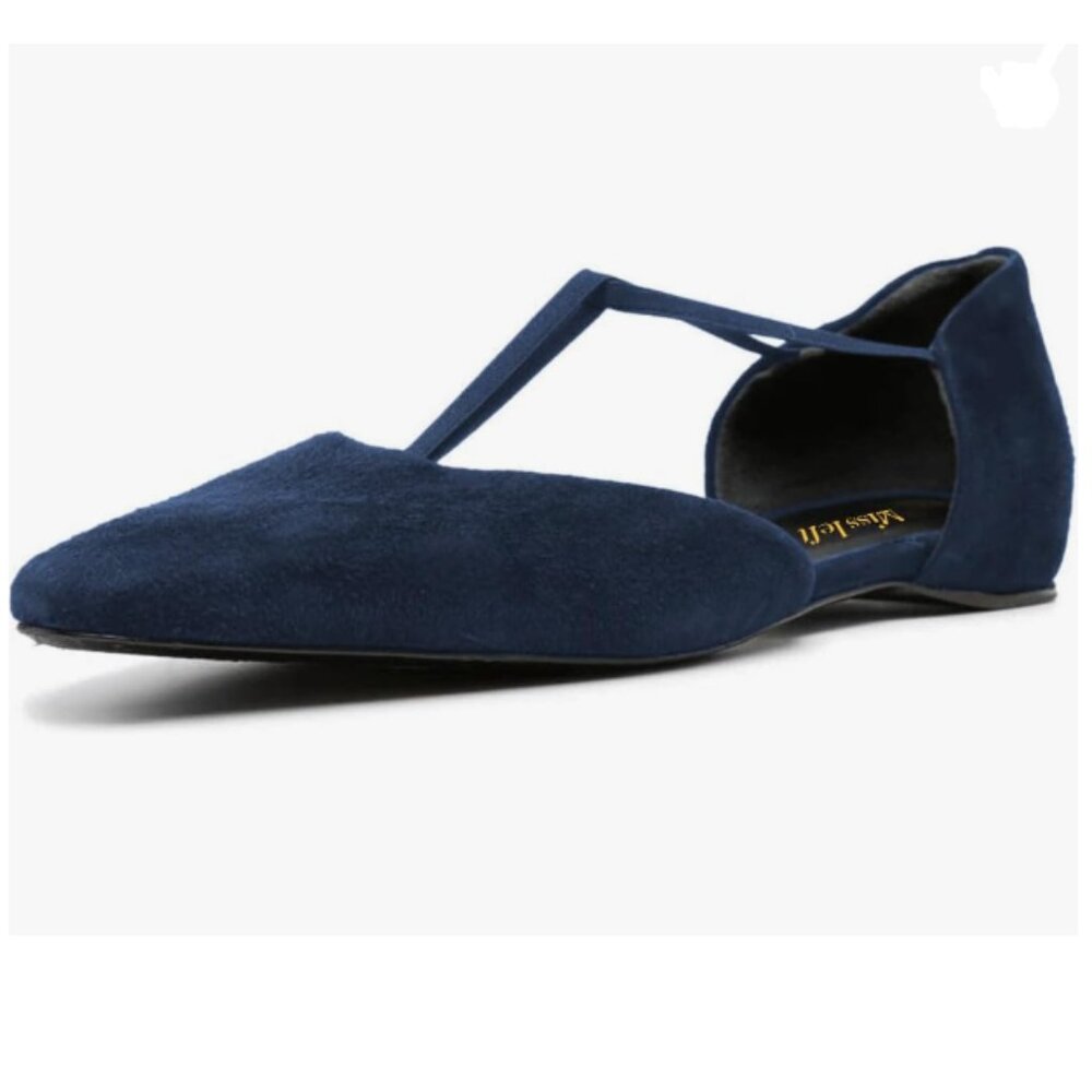 Miss Left Navy Vintage Almond Toe D'Orsay Flat Elastic Ankle T-Strap Ballet Shoe